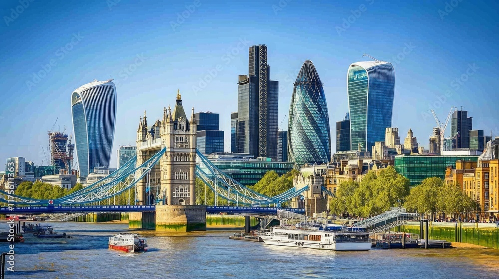 Naklejka premium London cityscape with bridge, river, and modern buildings.