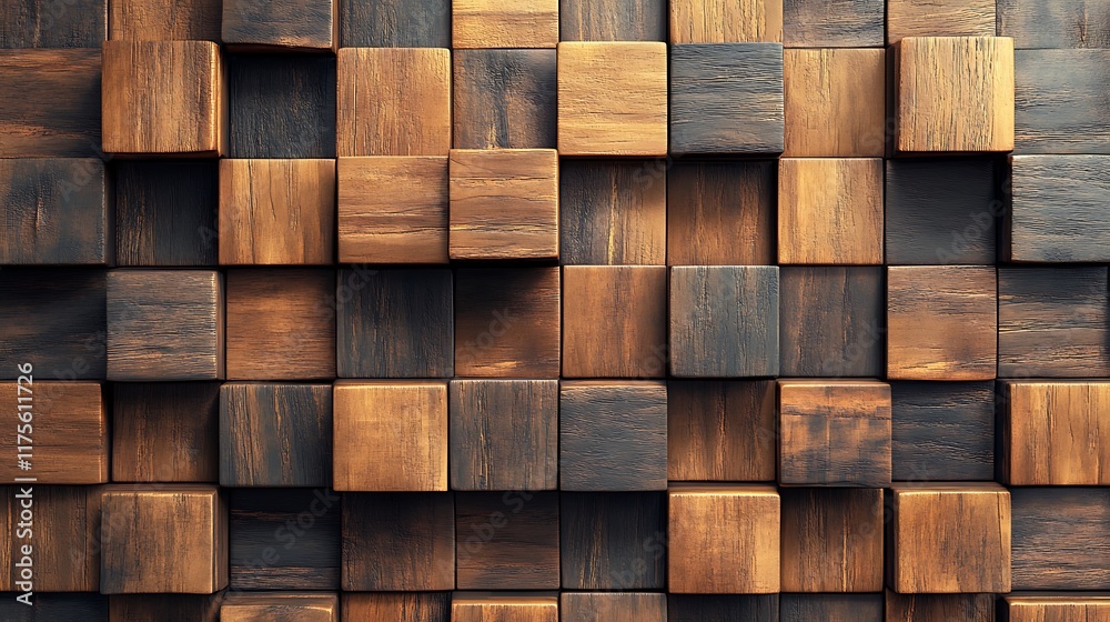 3D abstract timber tiles forming a square block wall with soft sheen and texture 3D abstract timber tiles forming a square block wall with soft sheen and texture