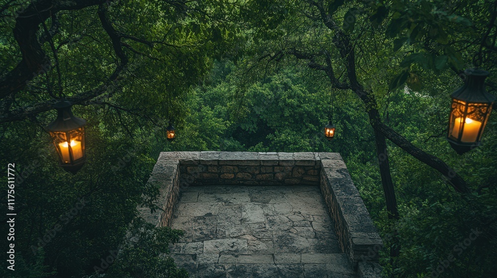 Naklejka premium Stone Balcony Overlooking Lush Green Forest With Lanterns
