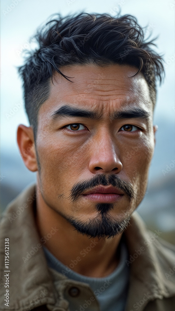 Fototapeta premium Portrait of a Man with Short Dark Hair and Facial Hair