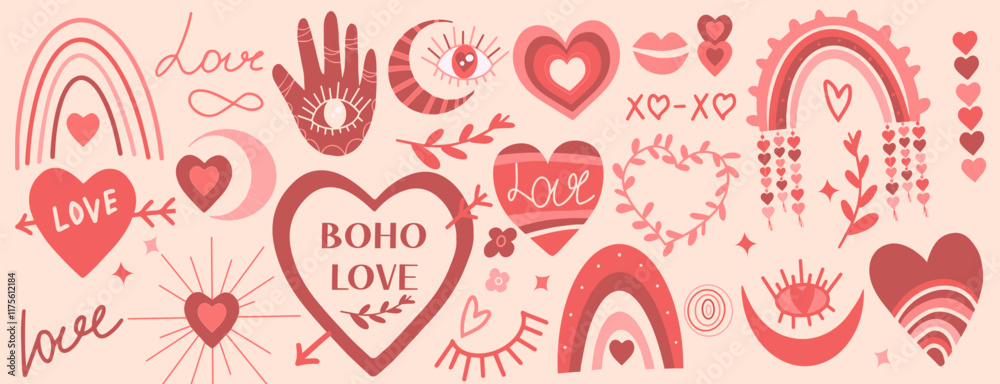 Naklejka premium Valentine's day set in retro boho style. Bohemian romantic happy Valentine day. Boho rainbow, heart and flowers. Vector