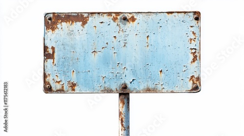 Rusty Metal Sign with Peeling Paint on a White Background. photo