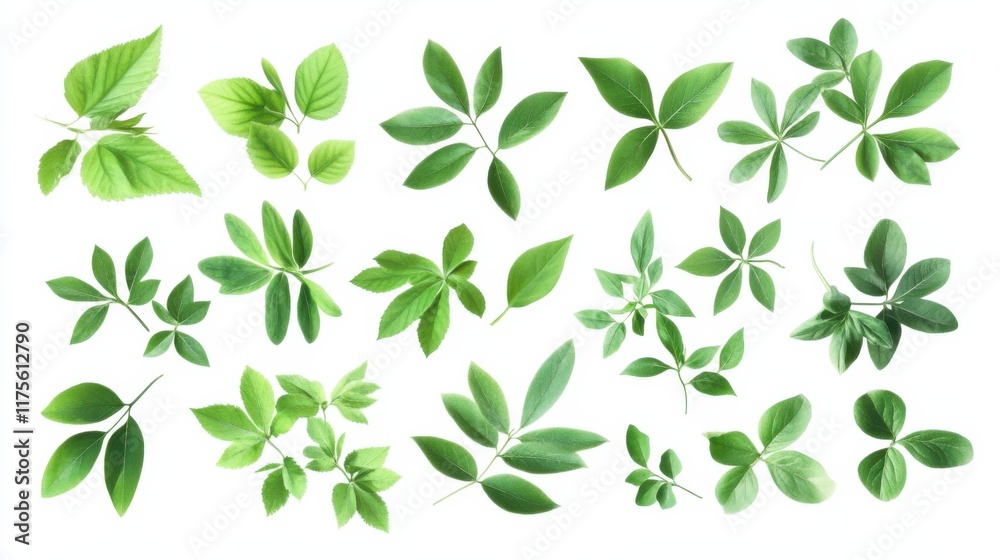 Beautiful flat design composition of flying green leaves set against a pure white background, emphasizing nature, sustainability, and the essence of spring. Beautiful flat design composition of flying green leaves set against a pure white background, emphasizing nature, sustainability, and the essence of spring.