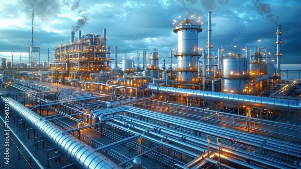 A sprawling industrial complex with intricate pipelines and towering structures, illuminated against a dramatic sky, showcasing energy production. A sprawling industrial complex with intricate pipelines and towering structures, illuminated against a dramatic sky, showcasing energy production.