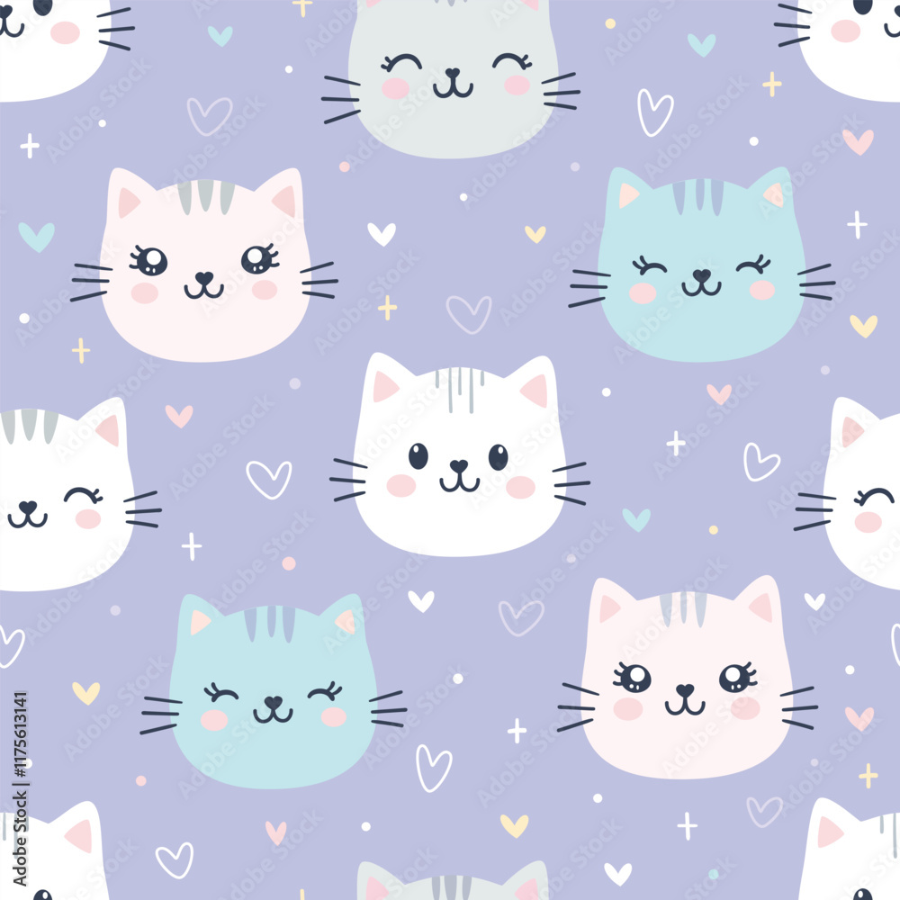 Hand drawn Cute cat with heart seamless pattern on purple background. Childish Cartoon Animals Background. Design for textile, fabric, wrapping, wallpaper, print. Vector illustration
