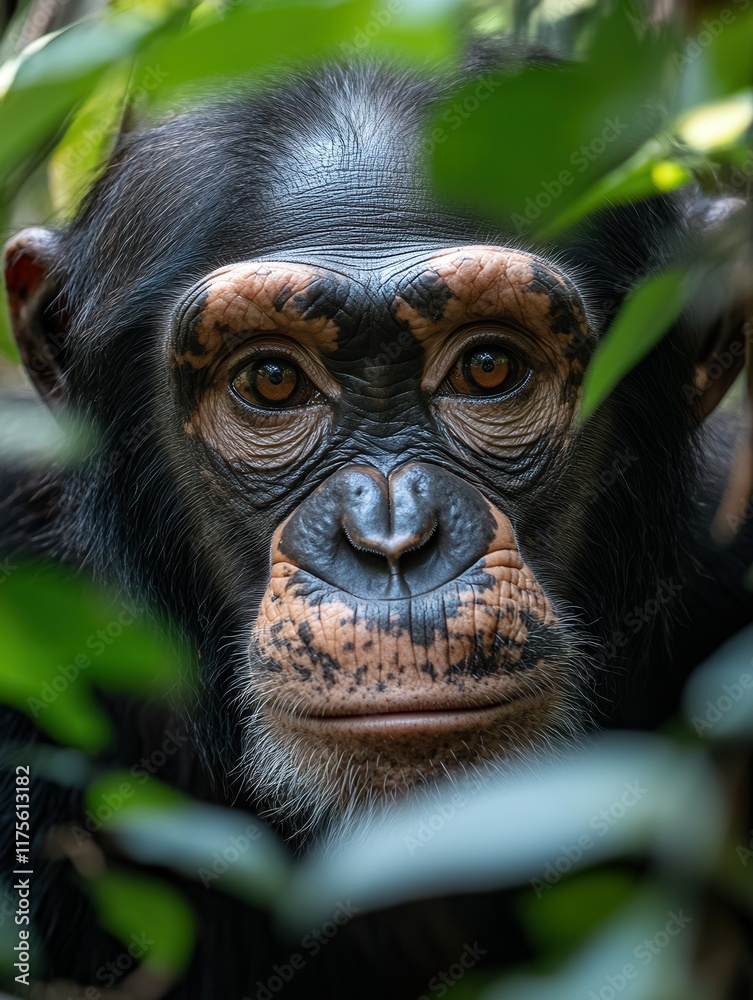Chimpanzee exploring dense forest underbrush in natural habitat.
