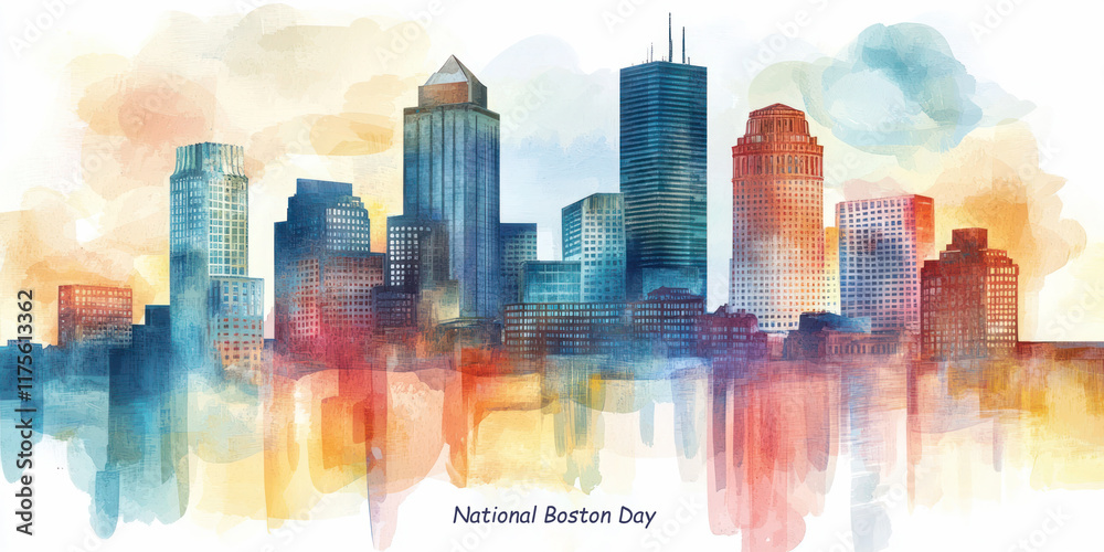 Obraz premium National Boston Day watercolor illustration of the Boston skyline featuring iconic buildings with a vibrant, abstract background.