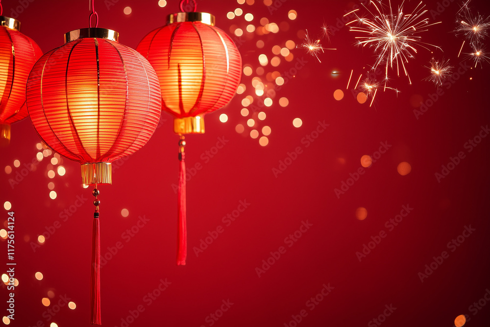 minimal red Chinese lanterns hanging on red background with small fire works, isolated on red background, room for text minimal red Chinese lanterns hanging on red background with small fire works, isolated on red background, room for text