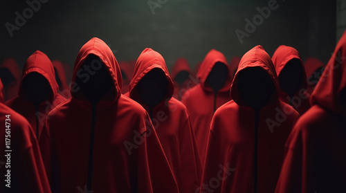 Black Magic Devil Cult, Red Mass, Figures in Red Robes and Cloaks with Hoods On Standing in Dark Room for Ritual or Worship, Hallowing or Horror Scene