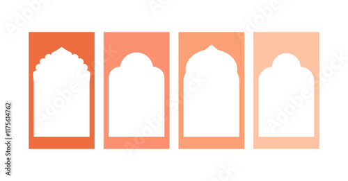 Indian arch gate. Islam shape window design for banner decoration. Gothic doorway border on social media stories template. Oriental mosque panel for collage. Simple morocco style church door icon.