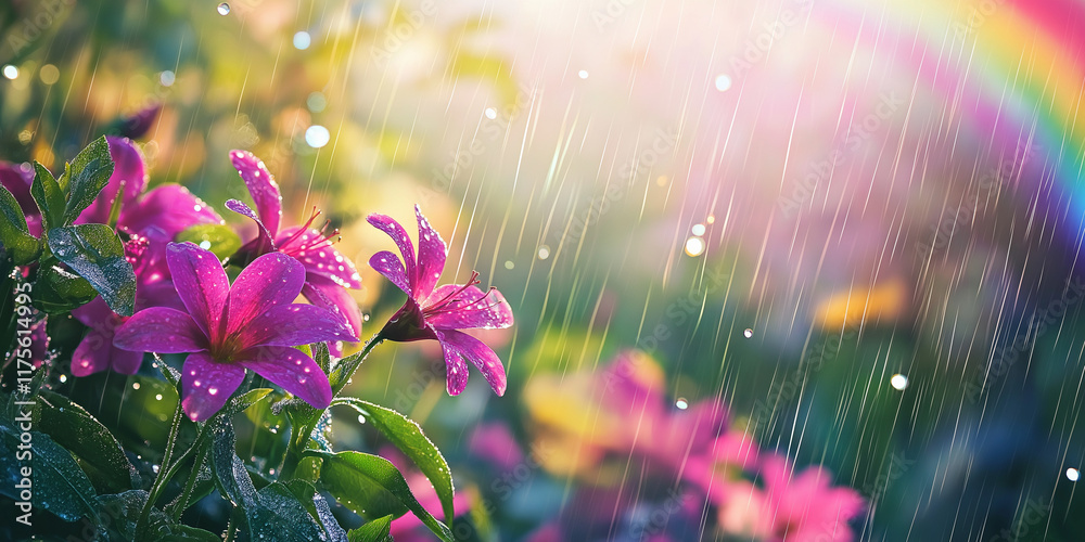 Background of a spring rain shower, with raindrops falling on blooming flowers and a rainbow