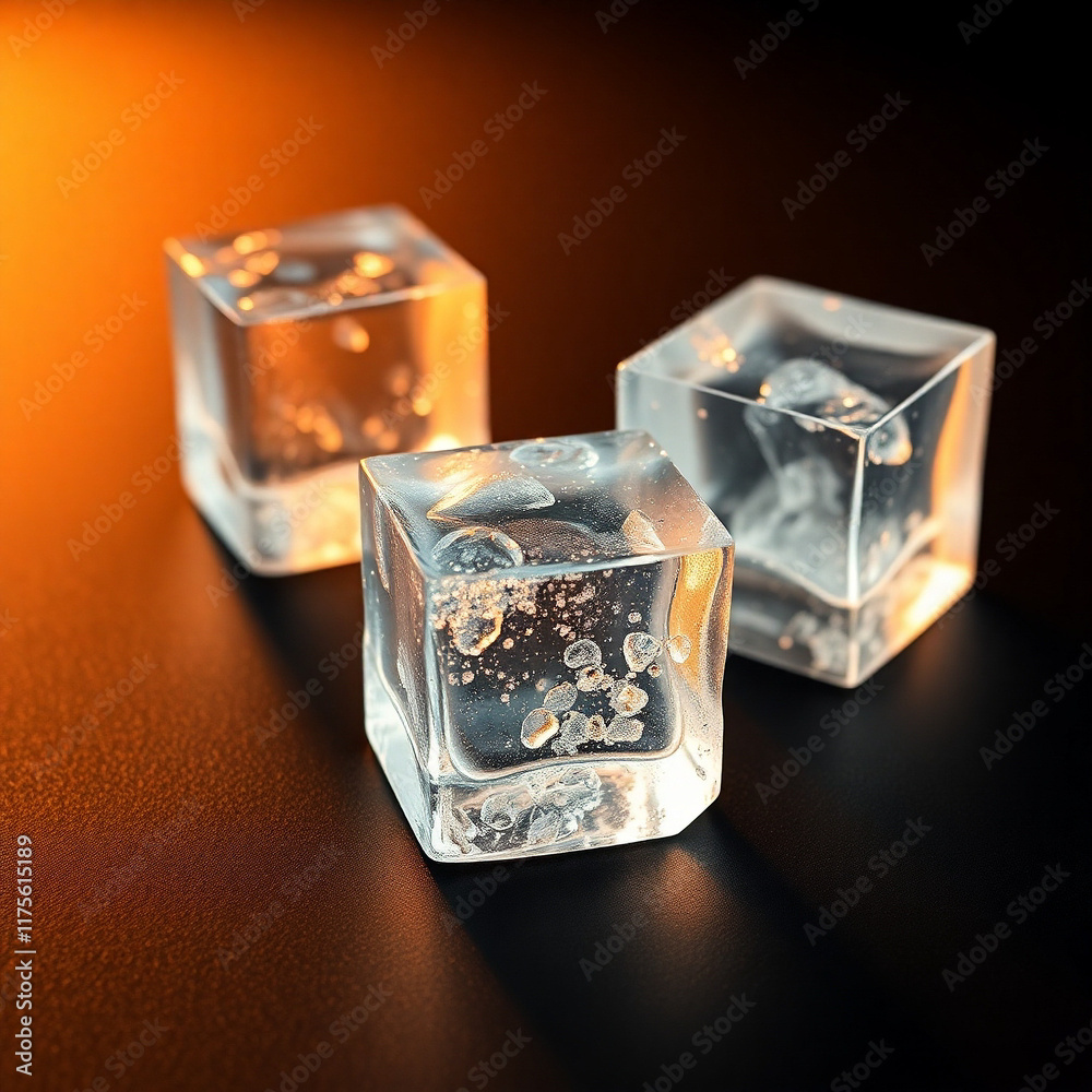Three clear ice cubes on a dark surface, illuminated by warm light. Perfect for refreshing drinks or cool visuals. Three clear ice cubes on a dark surface, illuminated by warm light. Perfect for refreshing drinks or cool visuals.