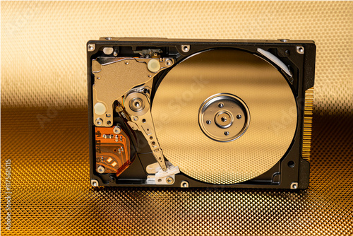 Hard disk interno aperto con sfondo oro 09 orizzontale
