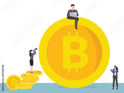 business people sitting on bitcoin, people using laptop and smartphone for online funding and making investments for bitcoin. Digital Money. Cryptocurrency Investment Concept.