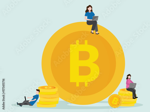 business people sitting on bitcoin, people using laptop and smartphone for online funding and making investments for bitcoin. Digital Money. Cryptocurrency Investment Concept.