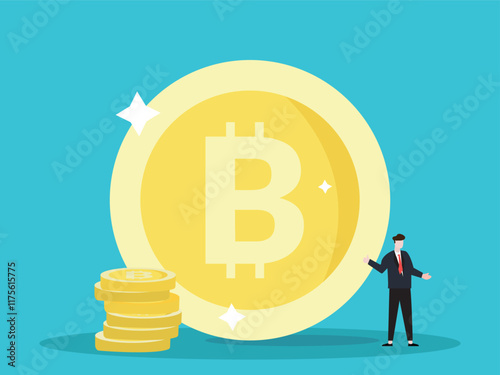successful businessman in black coat standing with big bitcoin sign. Digital Money. Cryptocurrency Investment Concept.