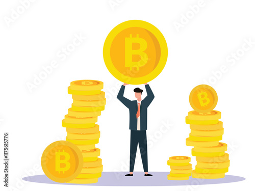 successful businessman in black coat holding big bitcoin over head. Digital Money. Cryptocurrency Investment Concept.