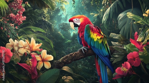 Scarlet Macaw Perched Among Lush Tropical Flora photo