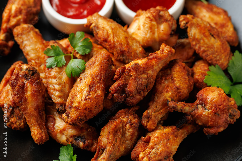 Crispy Chicken Wings with Dipping Sauces. Homemade roasted in the air fryer. Crispy Chicken Wings with Dipping Sauces. Homemade roasted in the air fryer.