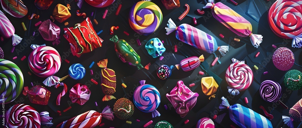 Naklejka premium Assortment of Colorful and Vibrant Candies and Sweets on Dark Background