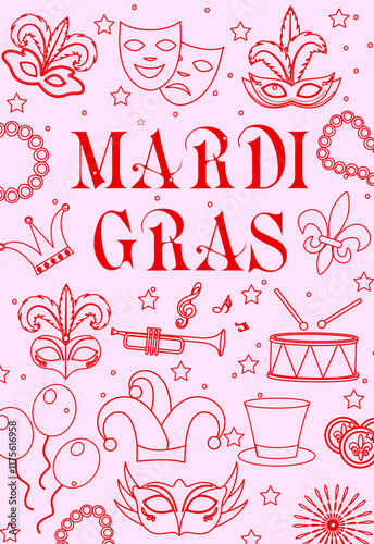 Mardi Gras doodle pink poster. Carnival masks and party decorations. Hand drawn vector illustration 