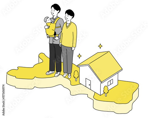 鳥取県の地図と若い家族・家のイラスト、ベクター