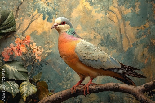 revival of the passenger pigeon depicted in a fantastical scene with lush greenery and vibrant landscapes symbolizing hope and conservation for extinct species in the natural world photo