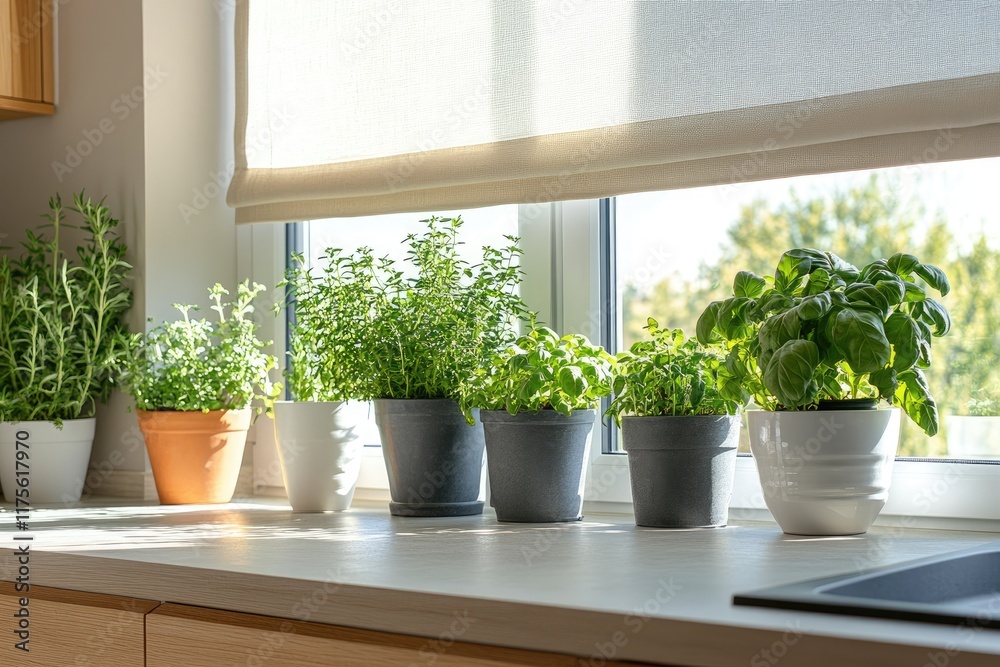 Fototapeta premium Fresh herbs growing on windowsill in modern kitchen