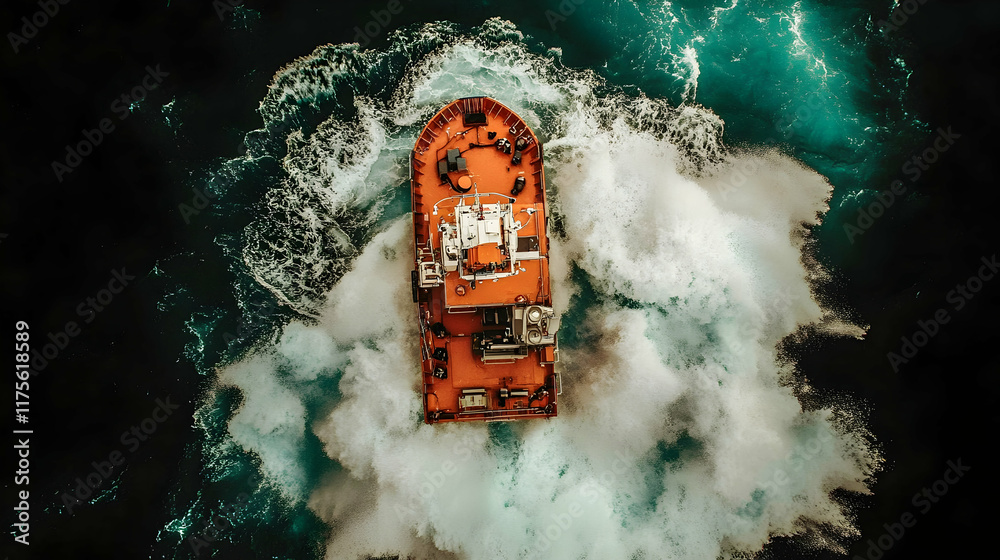 Aerial view of tugboat churning ocean water. Aerial view of tugboat churning ocean water.