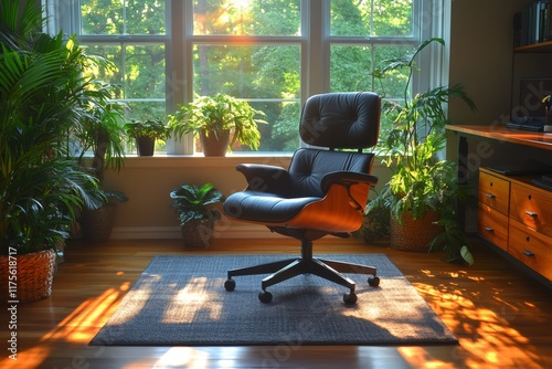 Comfortable eames lounge chair in a sunlit home office with plants photo