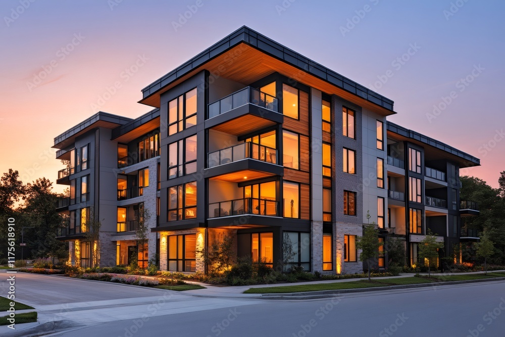 Fototapeta premium Modern apartment building exterior at dusk with lit windows and balconies
