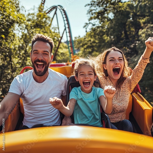 Families and friends enjoy thrilling rollercoaster rides under sunny skies. Amusement Park. AI generated image