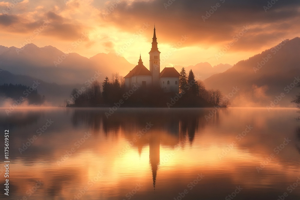 Fototapeta premium Sunrise illuminating lake bled island with assumption of mary pilgrimage church in slovenia