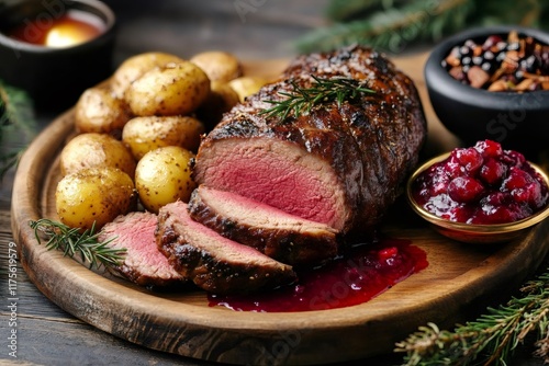 Roasted venison loin with cranberry sauce, rosemary, and roasted potatoes for christmas dinner photo