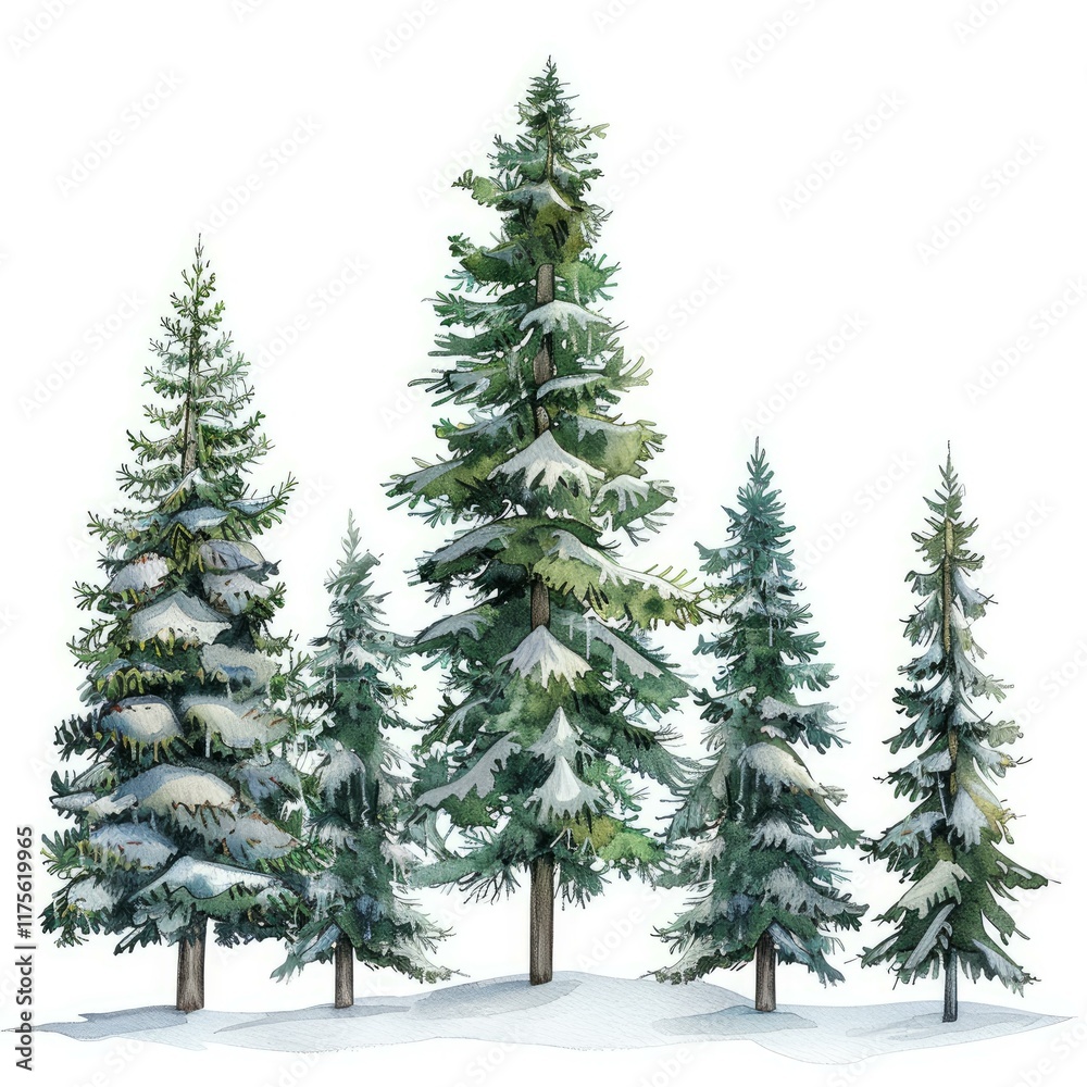 Fototapeta premium Five pine trees stand tall, covered with a blanket of fresh snow, evoking the tranquility of a winter forest