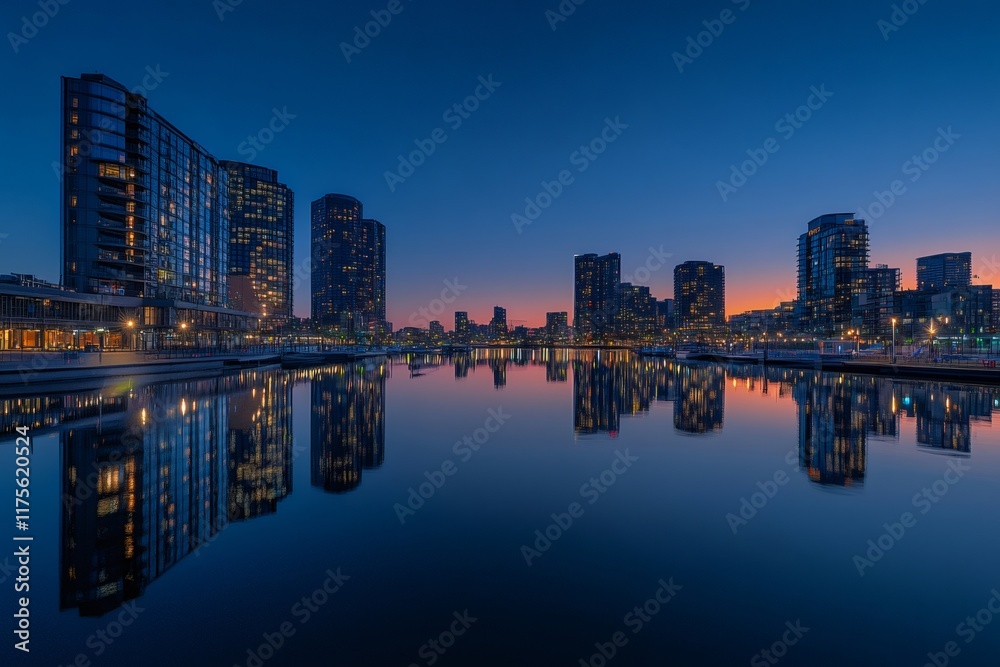 Obraz premium Melbourne docklands reflecting in water at dusk with colorful sky