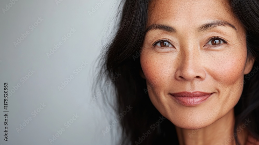 Naklejka premium Close-up of a middle-aged Asian woman with flawless skin and a serene smile, perfect for skincare and natural beauty promotions.