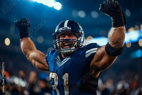 American football player celebrating victory in a stadium