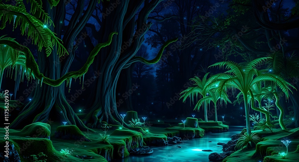 Fototapeta premium Enchanting Glowing Night Forest River Scene