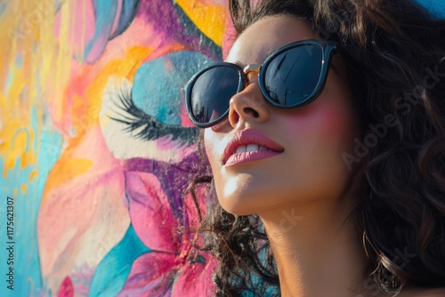 Fashion model wearing sunglasses posing near colorful graffiti wall