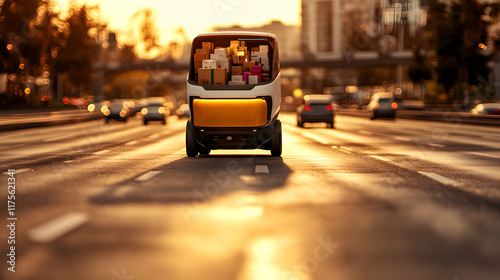 Autonomous delivery vehicle driving on city street at sunset, carrying many packages.
