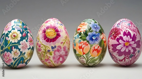 Artistic Easter eggs with intricate floral designs highlighted in vivid detail photo