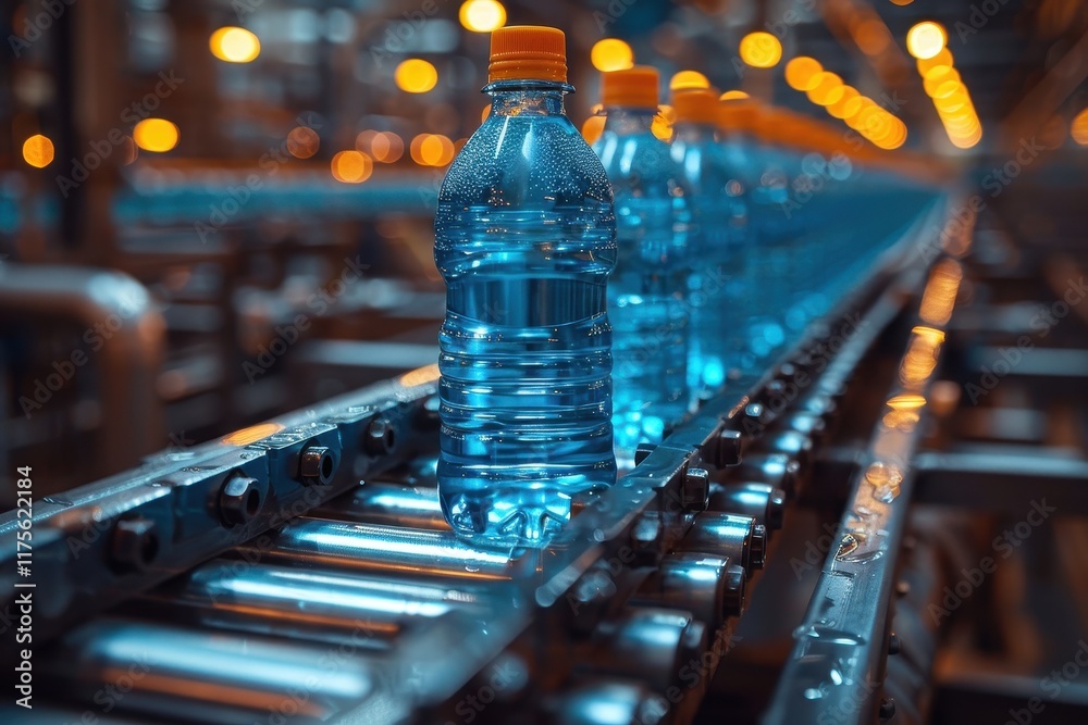 Bottles of water on a conveyor belt in a factory, highlighting the production and packaging process in a vibrant and industrial setting. Bottles of water on a conveyor belt in a factory, highlighting the production and packaging process in a vibrant and industrial setting.