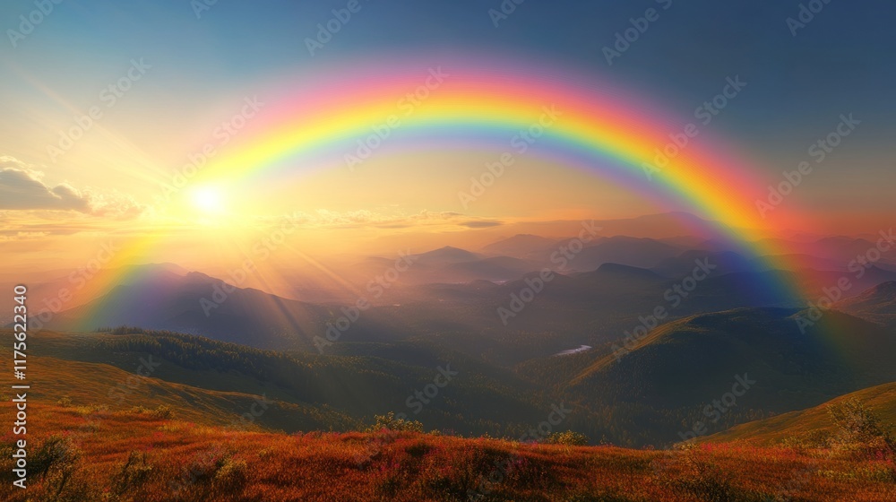 Majestic rainbow arching over sunlit mountain range at sunset. Majestic rainbow arching over sunlit mountain range at sunset.