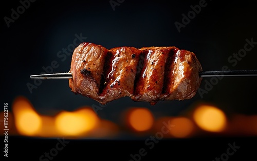 A perfectly grilled skewer of meat, showcasing juicy, smoky textures with grill marks, set against a dark background with a hint of flames. photo