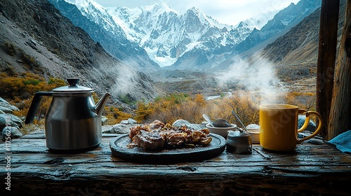 Meal outside cabin; steaming drinks; mountains background, for travel. photo