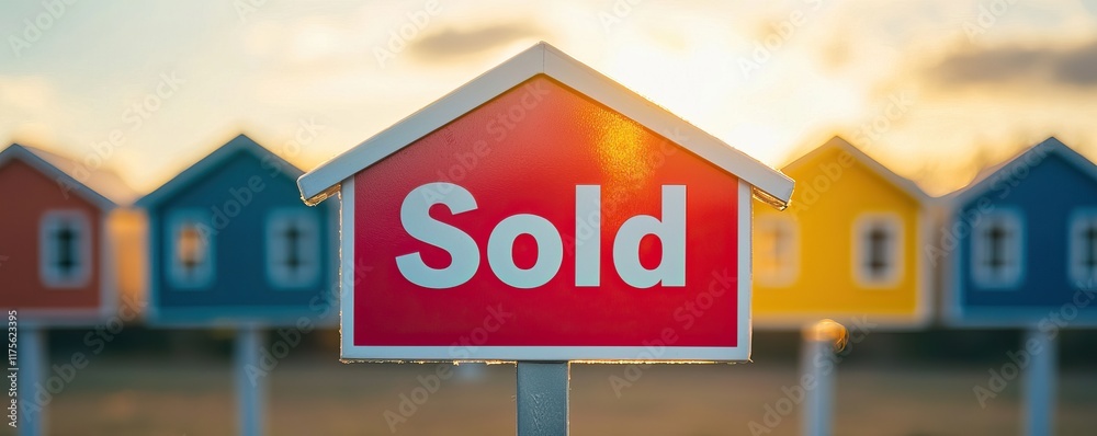 A colorful row of miniature houses with a prominent A colorful row of miniature houses with a prominent