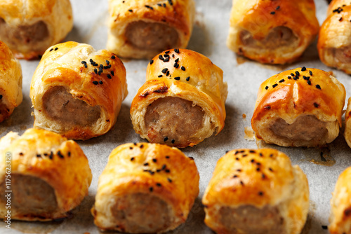 Freshly baked English Sausage rolls with ketchup. Party snack food. photo