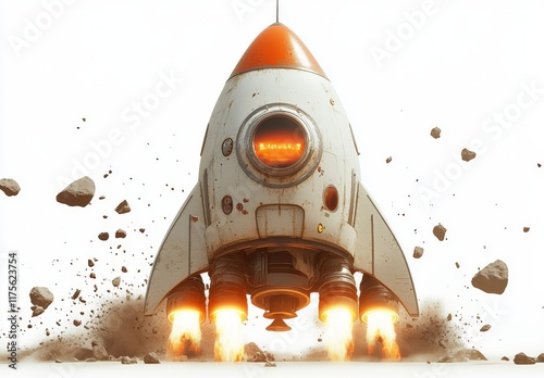 Vintage Space Rocket Launching Through Debris Field photo