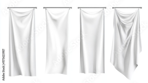 White Fabric Banners Hanging on a Metal Rod Against White Background.